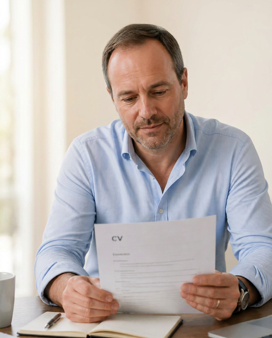 A hiring manager in his mid-40s reviewing a CV at his desk in soft window light.